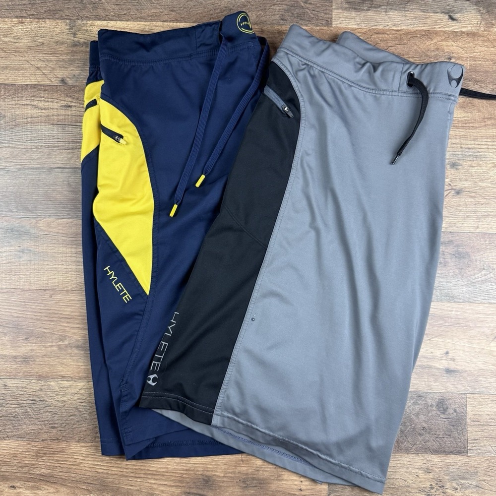 2- HYLETE Shorts Mens XXL Blue & Gray Stretch Activewear 11" Inseam Drawstring